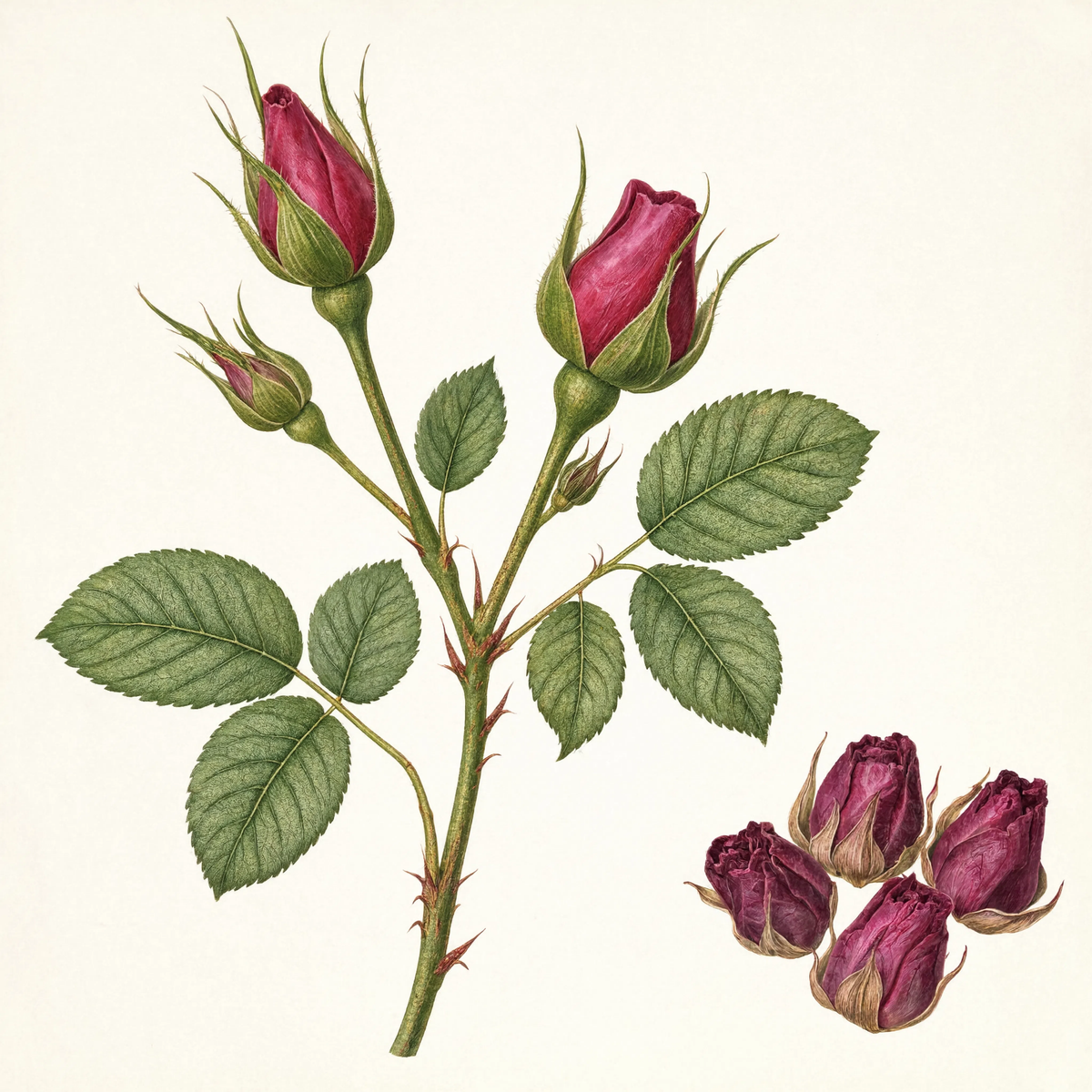Whole Rosebuds botanical illustration